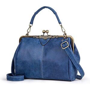 Women's Blue PU Leather Soft Kiss Lock Vintage Top Handle Crossbody Satchel Bag